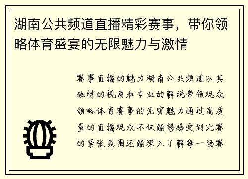 湖南公共频道直播精彩赛事，带你领略体育盛宴的无限魅力与激情