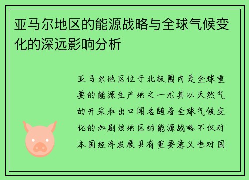亚马尔地区的能源战略与全球气候变化的深远影响分析