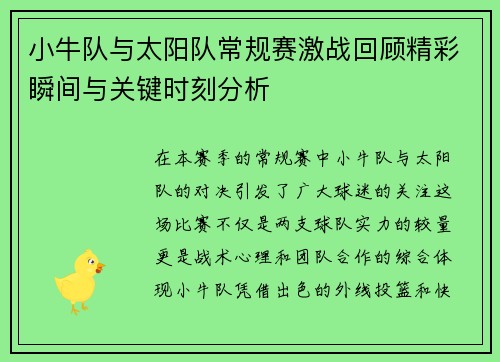小牛队与太阳队常规赛激战回顾精彩瞬间与关键时刻分析